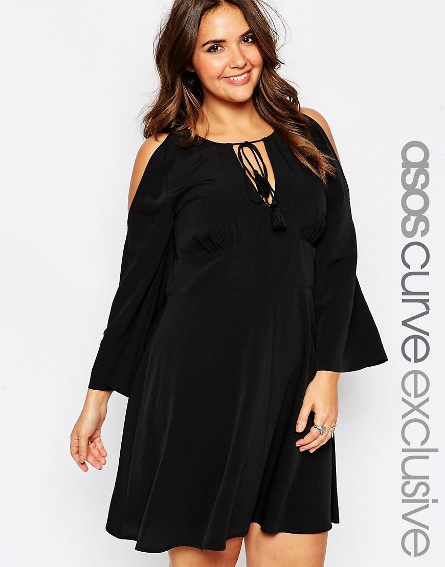 ASOS CURVE Cold Shoulder Babydoll Dress With Tassles - Black £21.00 | Asos ROW