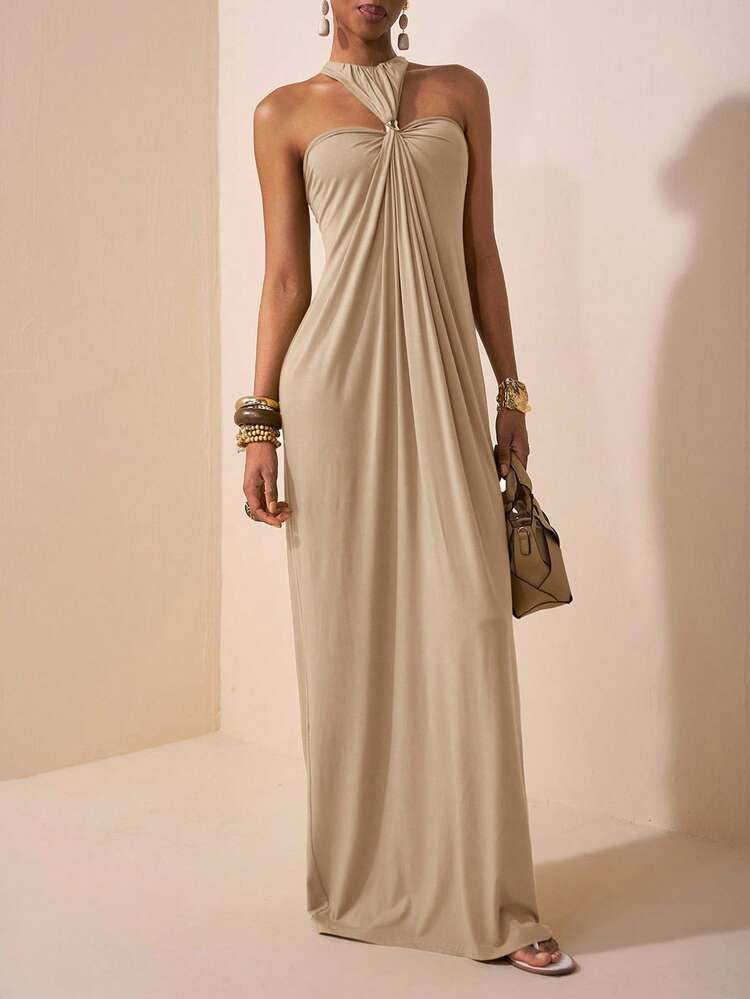 Zivah 2025 Spring/Summer New Arrival Music Festival, Easter, St. Patrick's Day, Western, Nomadic, Birthday Party, Graduation, College Style, Student, Daily Casual, Basic Versatile, Leisure, Cruise Travel, Beach, Sunbathing, Viral , Streetwear, Wedding Guest Boho, Commute, Brunch, Airport, Green Halter Backless Maxi Dress With Metal Ring Decor | SHEIN