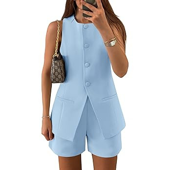 ZESICA Women's 2025 Summer 2 Piece Short Sets Sleeveless Crew Neck Suit Vest Tops High Waist Shor... | Amazon (US)