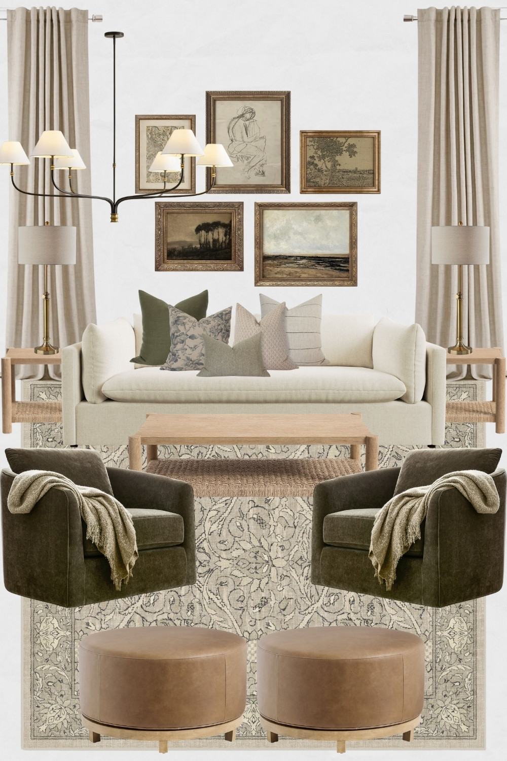 Olive Green & Beige Living Room Moodboard, Vintage Living Room Design, Transitional living room decor, Cream and olive green living room, leather ottomans, neutral living room design ideas

#homedecor #vintagelivingroom #olivegreenlivingroom #transitionallivingroom #livingroomdecor #livingroomdesign 

 #LTKHome #LTKSaleAlert