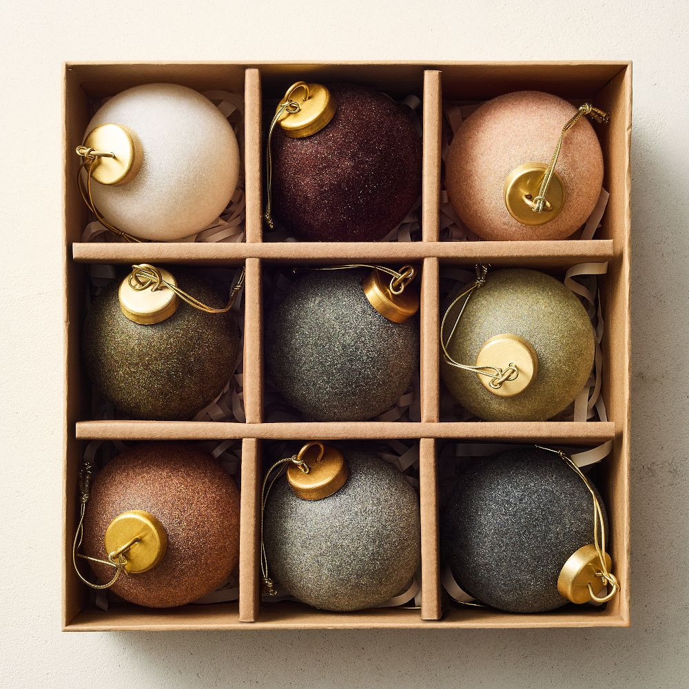 Medium Flocked Ball Ornaments (Set of 9) - Woodland Shine | West Elm (US)
