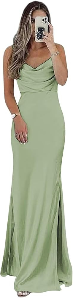 Satin Bridesmaid Dresses Long for Wedding Cowl Neck Spaghetti Strap Prom Dresses for Women with S... | Amazon (US)