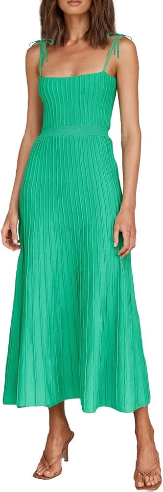 ARTFREE Womens Ribbed Knit Summer Maxi Dresses Tie Straps Square Neck Party Long Dress | Amazon (US)