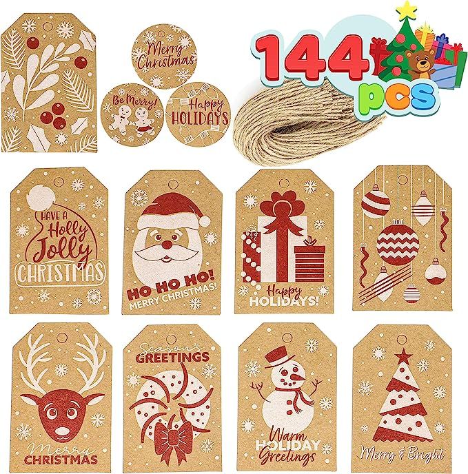 144 Pcs Assorted Kraft Paper Gift Tags with Prints for Christmas Gift Wrapper Labels DIY Arts and... | Amazon (US)