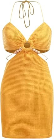 Verdusa Women's Casual Sleeveless Tie Backless Cut Out V Neck Bodycon Halter Mini Beach Boho Dres... | Amazon (US)