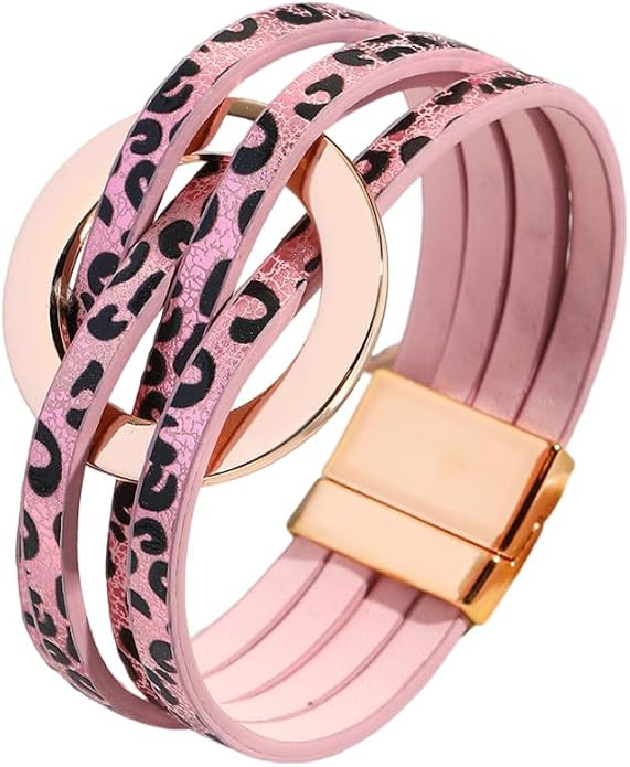 Fuqimanman2020 Circle Charm Leather Wrap Bracelet Boho Handmade Layered Cuff Bracelets for Women ... | Amazon (US)