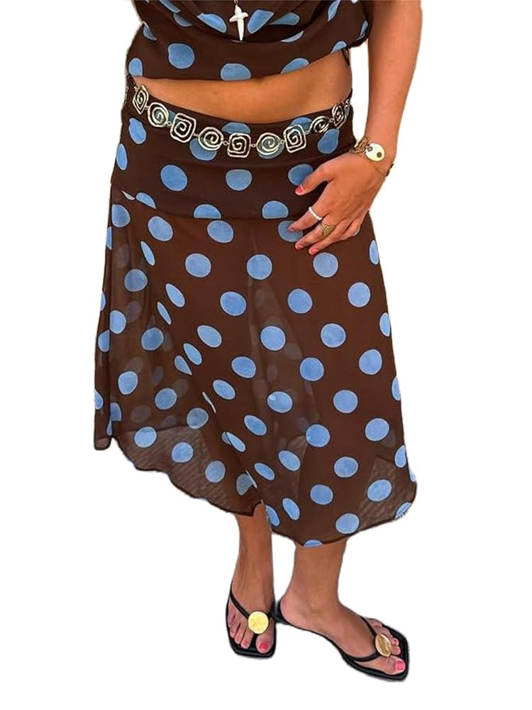 Alyweatry Women Polka Dot Midi Skirt Y2k Low Waist Semi Sheer Asymmetrical Hem Summer Flowy Midi ... | Amazon (US)