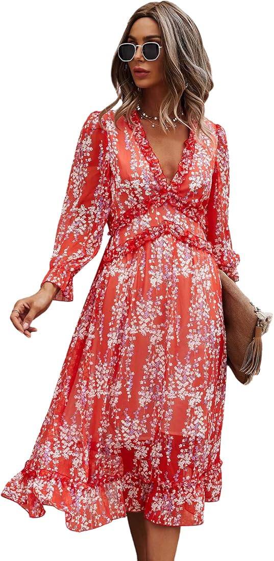 Floerns Women's All Over Print V Neck Long Sleeve Ruffle Hem Boho Midi Dress | Amazon (US)
