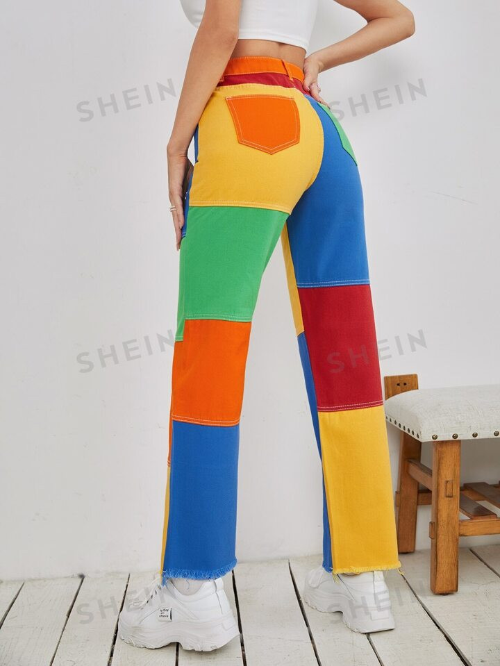SHEIN EZwear Color Block Raw Hem Straight Jeans | SHEIN