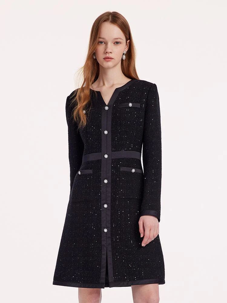 Black Sequins Notched Round Collar Wool Tweed Dress | GOELIA