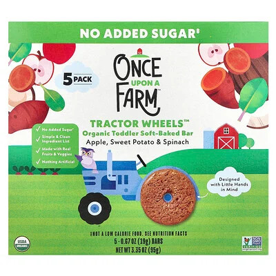 Once Upon A Farm, Tractor Wheels™, Organic Toddler Soft-Baked Bar, Apple, Sweet Potato & Spinach, 5 Pack, 0.67 oz (19 g) Each | iHerb