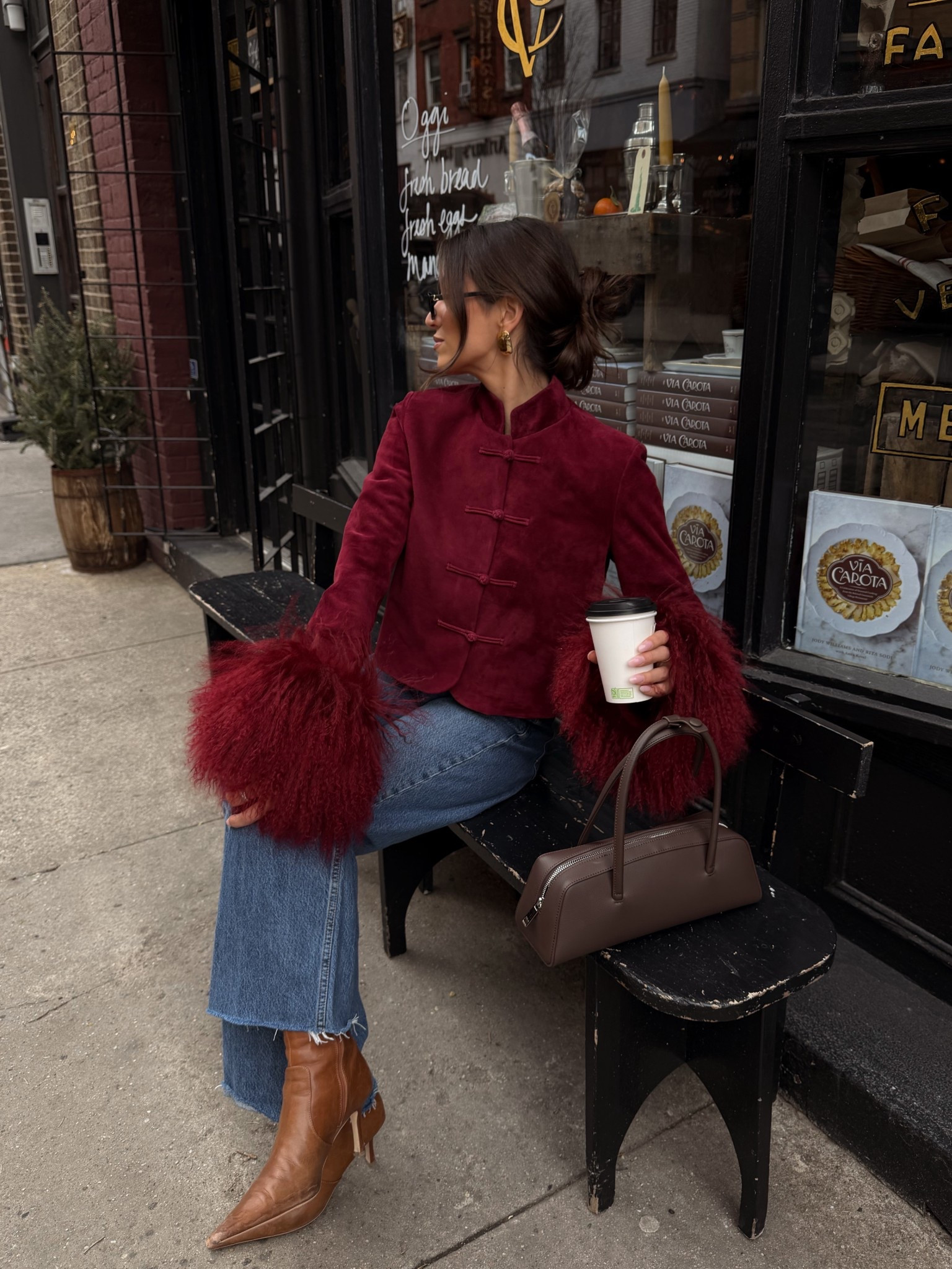 City coffee in a statement jacket — velvet texture, feather cuffs, wide-leg denim, and pointed leather boots kind of morning. ♥️ 

#LTKdayinmylife #LTKBeauty #LTKgrwm