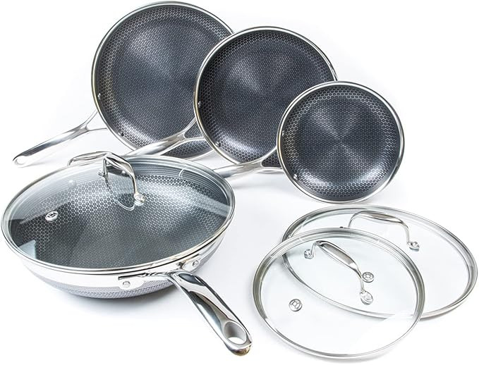 HexClad 7-Piece Hybrid Stainless Steel Cookware Set with Lids and Wok - Metal Utensil and Dishwas... | Amazon (US)