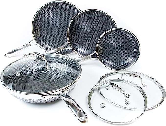 HexClad 7-Piece Hybrid Stainless Steel Cookware Set with Lids and Wok - Metal Utensil and Dishwas... | Amazon (US)