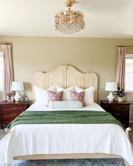 Main suite. Jennuine Home. My house. Mauve pink throw pillows. Lumbar pillow. Green throw. Autumn bedroom. White lamp. White euro shams. White quilt  

#LTKSeasonal #LTKhome