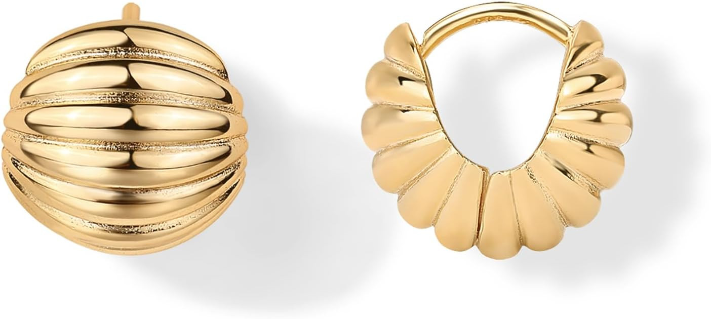 PAVOI 14K Gold Plated Ribbed Hoop Earrings for Women - Chunky Ridge Statement Earrings - Boho Puf... | Amazon (US)