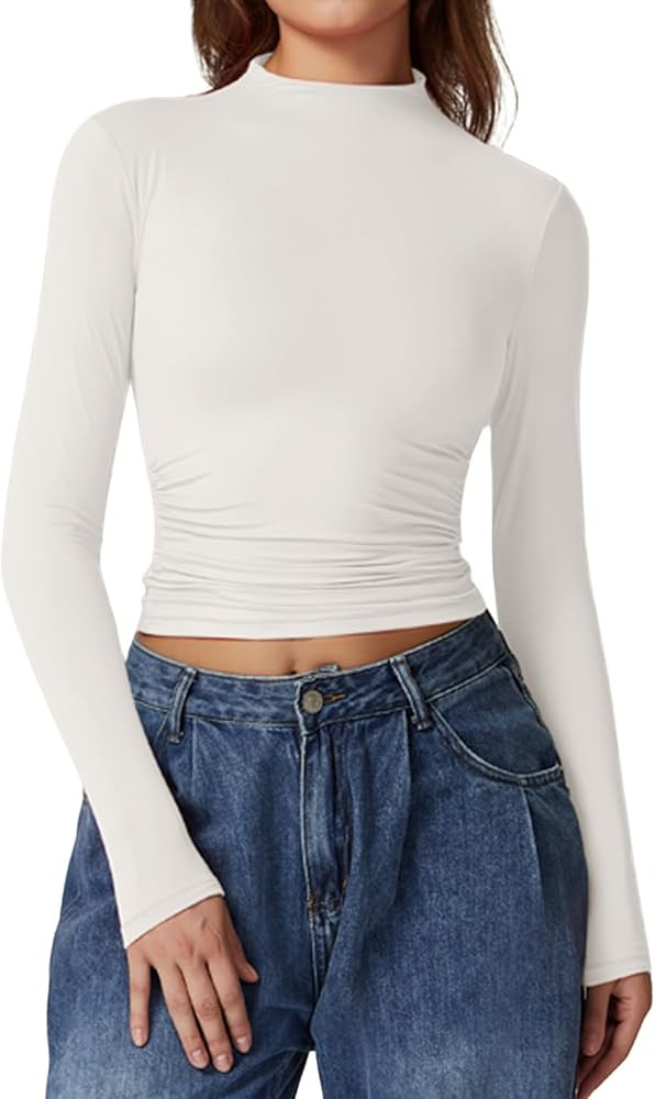 QINSEN Womens Mock Neck Long Sleeve Shirt Double Lined Basic Tees Side Ruched Going Out Crop Tops | Amazon (US)