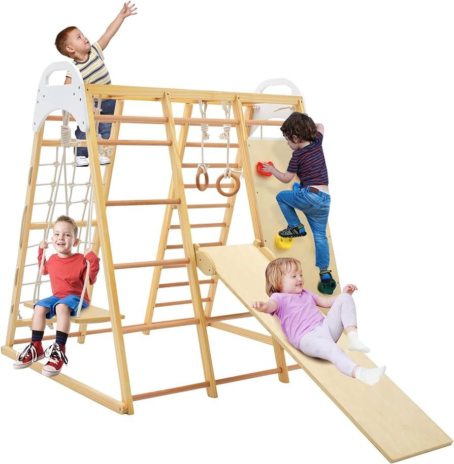 Costzon 8-in-1 Climbing Toys, Montessori Kids Indoor Jungle Gym with Slide, Rock/Net, Monkey Bars... | Amazon (US)