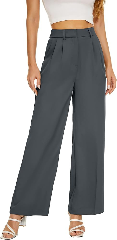 Women Office Wide High Waist Pants Loose Fit Elastic Waist Pleated Front Trousers for Work Casual | Amazon (US)