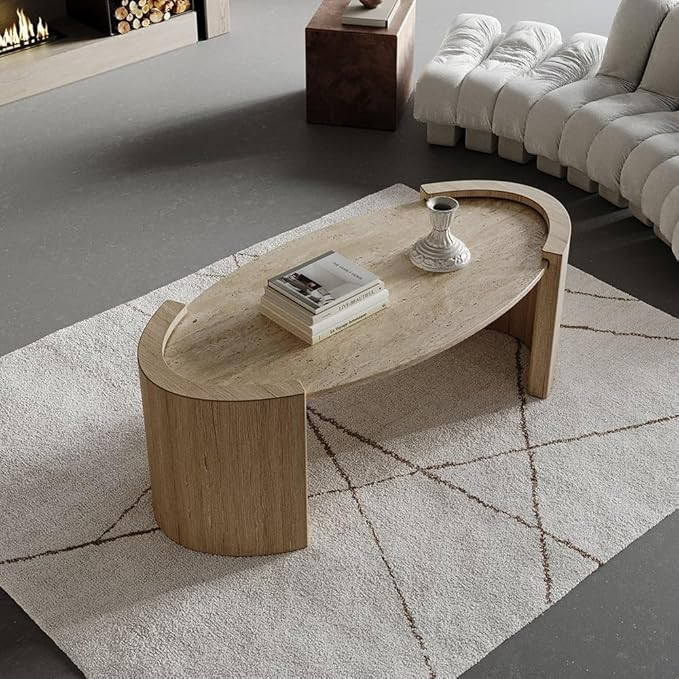 homary 43" Japandi Oval Travertine Stone Top Coffee Table – Double Pedestal Oval Coffee Table w... | Amazon (US)