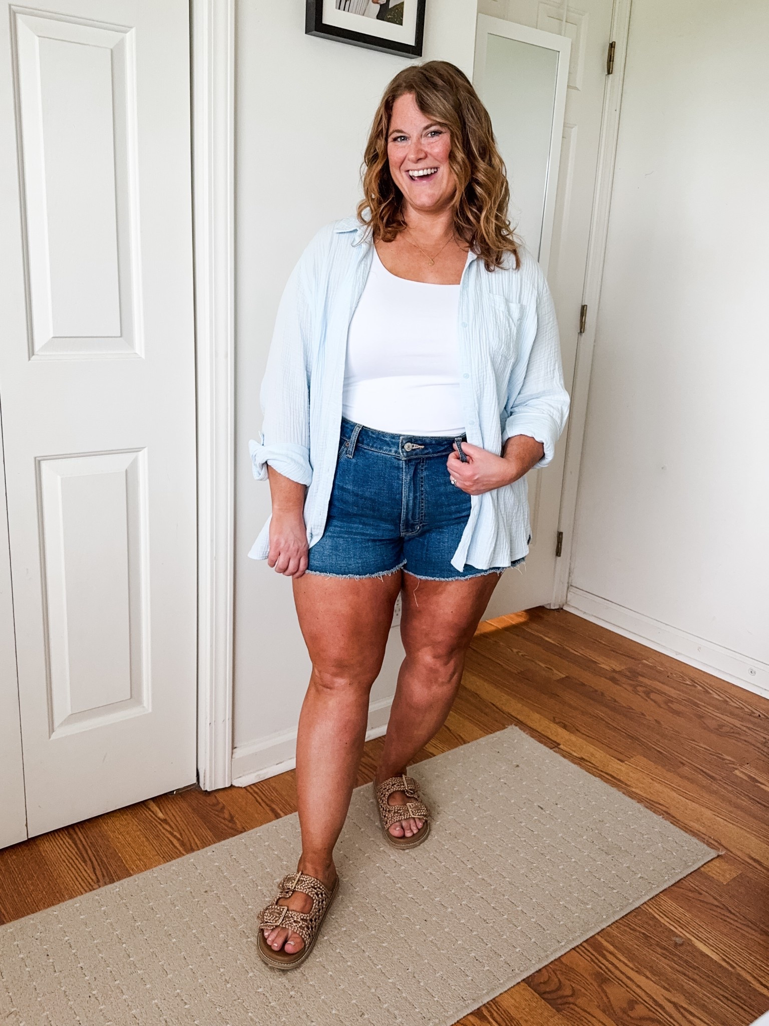 Summer outfit idea - denim shorts, basic tank (or tee!) and a cotton gauze button down.

Wearing a large in the tank, 16 in shorts (size up!). My button down is older but I linked similar ones.  

#LTKSeasonal #LTKPetite #LTKMidsize