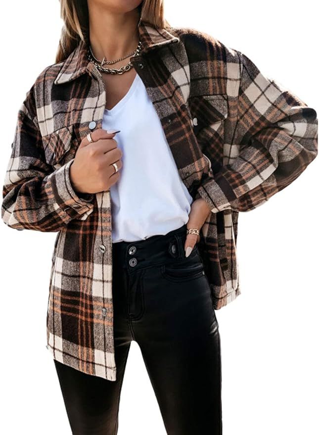 AMEBELLE Women Casual Vintage Plaid Shackets Brushed Long Sleeve Cotton Shirt Jacket | Amazon (US)