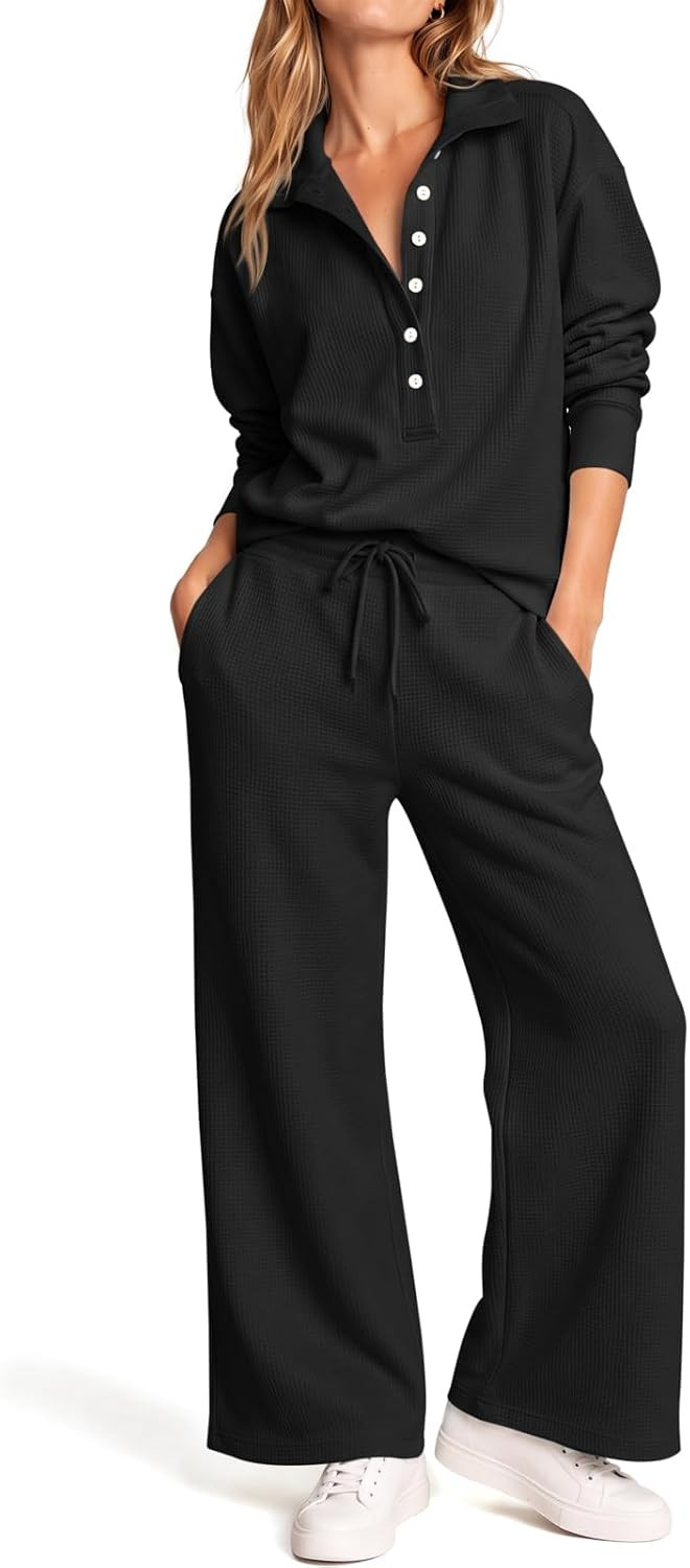 Fisoew Womens 2 Piece Lounge Sets Waffle Knit Sweatshirt Pants Sets Outfits | Amazon (US)