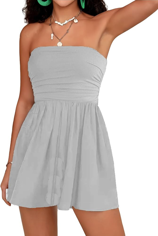 Women Summer Casual Strapless Rompers Tube Top Shorts Jumpsuit Sleeveless Off Shoulder Sexy Beach... | Amazon (US)