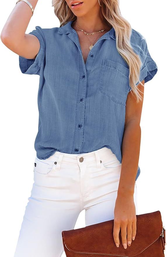 Women's Chambray Button Down Shirt with Pockets Denim Cotton Button Up Tunics Short Sleeve Solid ... | Amazon (US)