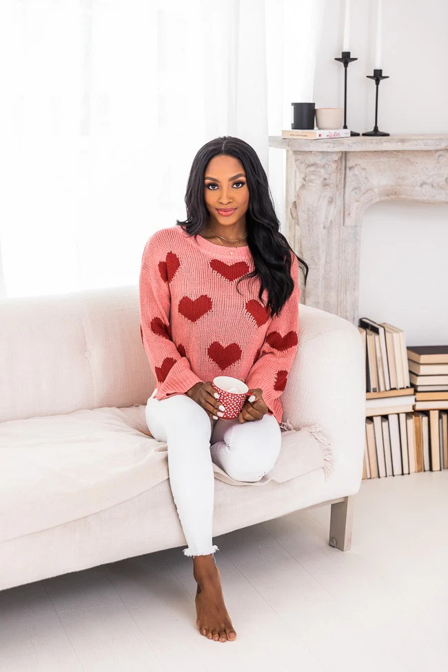 Simply Sweet Distressed Heart Pink Sweater | The Pink Lily Boutique