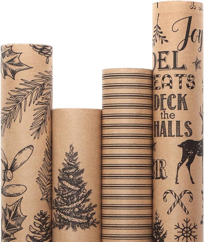 Ribbli Christmas Wrapping Paper - Brown Kraft Paper with Back Christmas Elements Pattern, 4 Rolls Vintage Christmas Printed Assortment - 30 inch x 120 inch(10feet) Per Roll | Amazon (US)