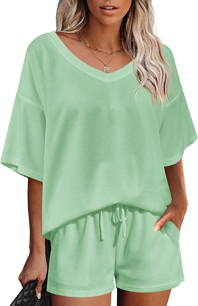 Ekouaer Womens 2 Piece Short Sleeve Waffle Knit V Neck Off Shoulder Casual Loose Fit Sweatsuit Ou... | Amazon (US)
