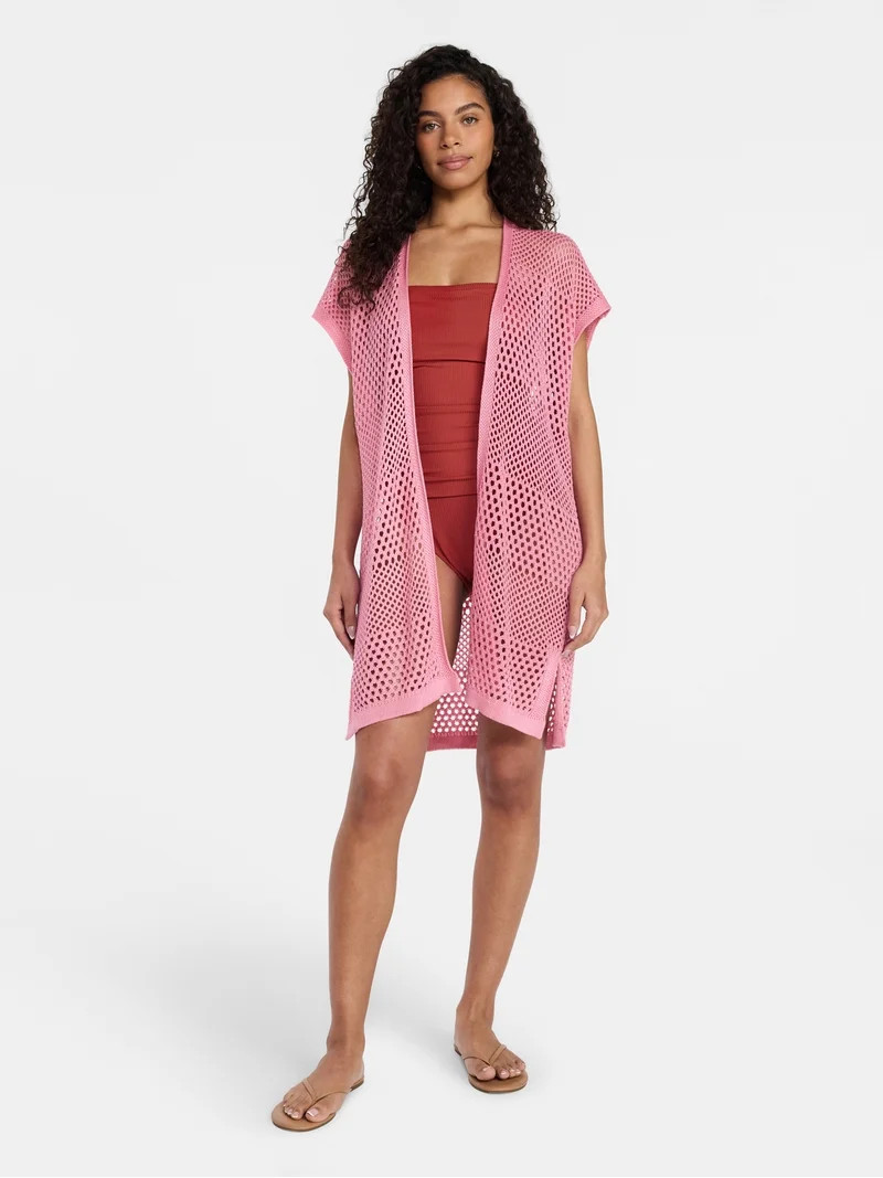 Time and Tru Women's Openwork Knit Swim Coverup, Pink Pottery, Summer Season, Size XXL-XXXL | Walmart (US)