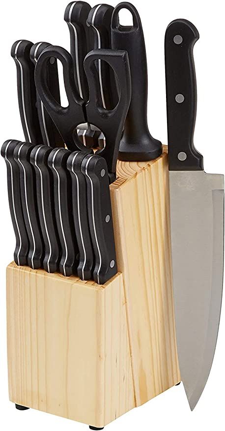 Amazon Basics 14-Piece Kitchen Knife Block Set, High-Carbon Stainless Steel Blades with Pine Wood... | Amazon (US)