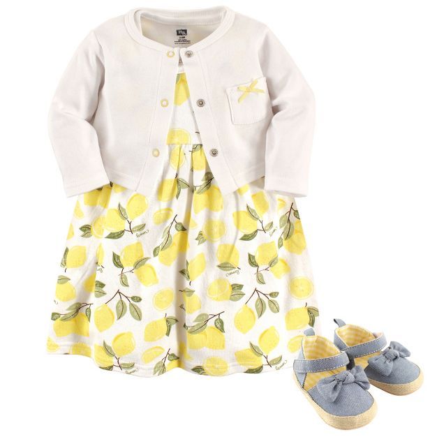 Hudson Baby Infant Girl Cotton Dress, Cardigan and Shoe 3pc Set, Lemon | Target
