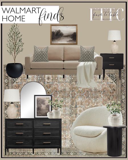 Walmart Home Finds. Follow @farmtotablecreations on Instagram for more inspiration.

Better Homes & Gardens Springwood Wood Frame Sofa, Beige Velvet. Better Homes & Gardens Springwood Wood Frame Accent Chair, Light Honey Finish. Better Homes & Gardens Oaklee 6 Drawer Dresser,   Charcoal Finish. Semiocthome Modern 2 Drawers Nightstand,Classic Bedside Table for Bedroom in Black,Adult,Sturdy Wood. My Texas House Foggy Riverbend Landscape Framed Emb Canvas Board 24" x 18". My Texas House Sepia Treescape Framed Art 18" x 24". Loloi II Wynter WYN-02 Auburn / Multi Oriental Area Rug 8'-6" x 11'-6. DTY Signature Mount Sherman 1-Piece Fiberstone Planter, Black, 10" H x 13" Dia. 6 ft Artificial Olive Plants with Realistic Leaves and Natural Trunk, Silk Fake Potted Tree with Wood Branches and Fruits, Faux Olive Tree for Office Home Decor. My Texas House 24.5" Ribbed Table Lamp, Distressed Texture, Natural Finish. Better Homes & Gardens 24" x 34" Arch Metal Wall Mirror, Black. My Texas House 5" White Distressed Stripe Round Stoneware Vase. Mainstays 50" Artificial Flower Cherry Blossom Stem. Better Homes & Gardens Mira Swivel Chair, Cream. Round Solid Wood End Table Black Pedestal Side Table. Fabdivine Block Print Throw Pillow Cover. BHG CHUNKY KNIT PAPYRUS THROW. Living Room Inspo. Home Decor Finds. Walmart Home. 

#LTKSaleAlert #LTKFindsUnder50 #LTKHome