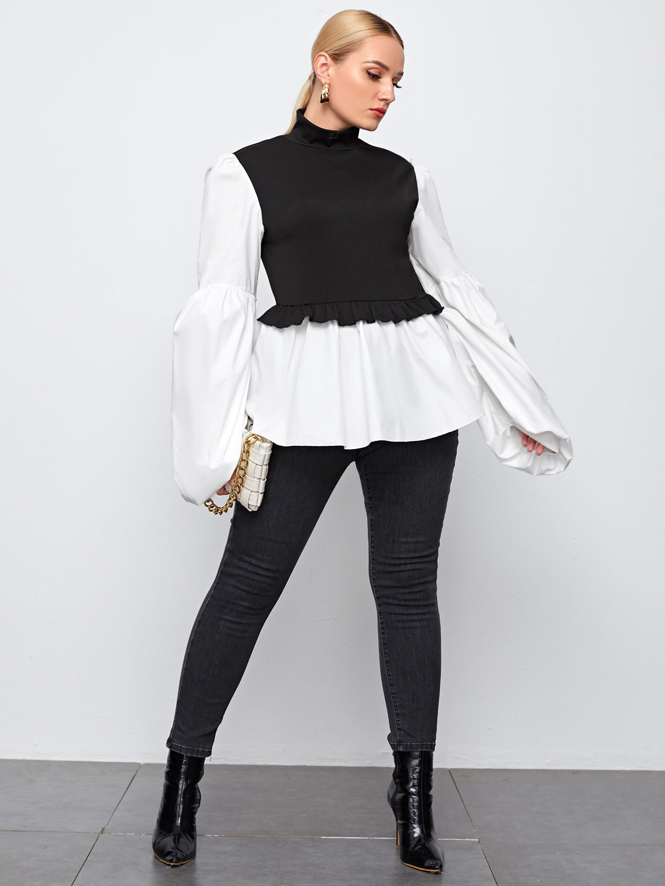 Plus Color Block Ruffle Hem Lantern Sleeve Top | SHEIN