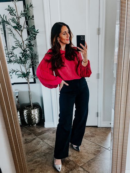 Hot pink blouse with pleated balloon sleeves (size small) 💓 and black wide leg jeans (size 6) and metallic silver kitten heels (size 8) 
Valentine’s Day outfit idea, date night outfit idea, girls night outfit inspo 💗

#LTKstyletip #LTKfindsunder50 #LTKshoecrush