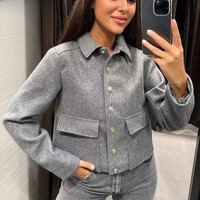 TRAF Woman Jackets Faux Wool Short Coats Winter Button Cropped Bomber Jackets For Women Demi-Season | AliExpress UK