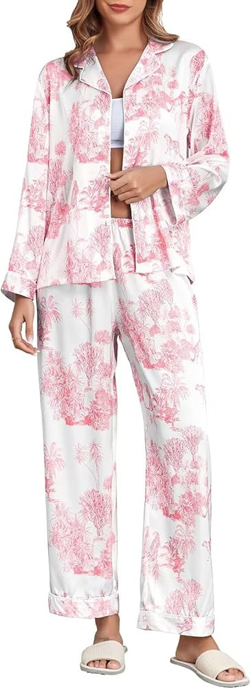 Brosloth Women's Silk Satin Pajamas Pjs Sets Cute Lace Pattern Two Piece Loungewear Set Button Up... | Amazon (US)