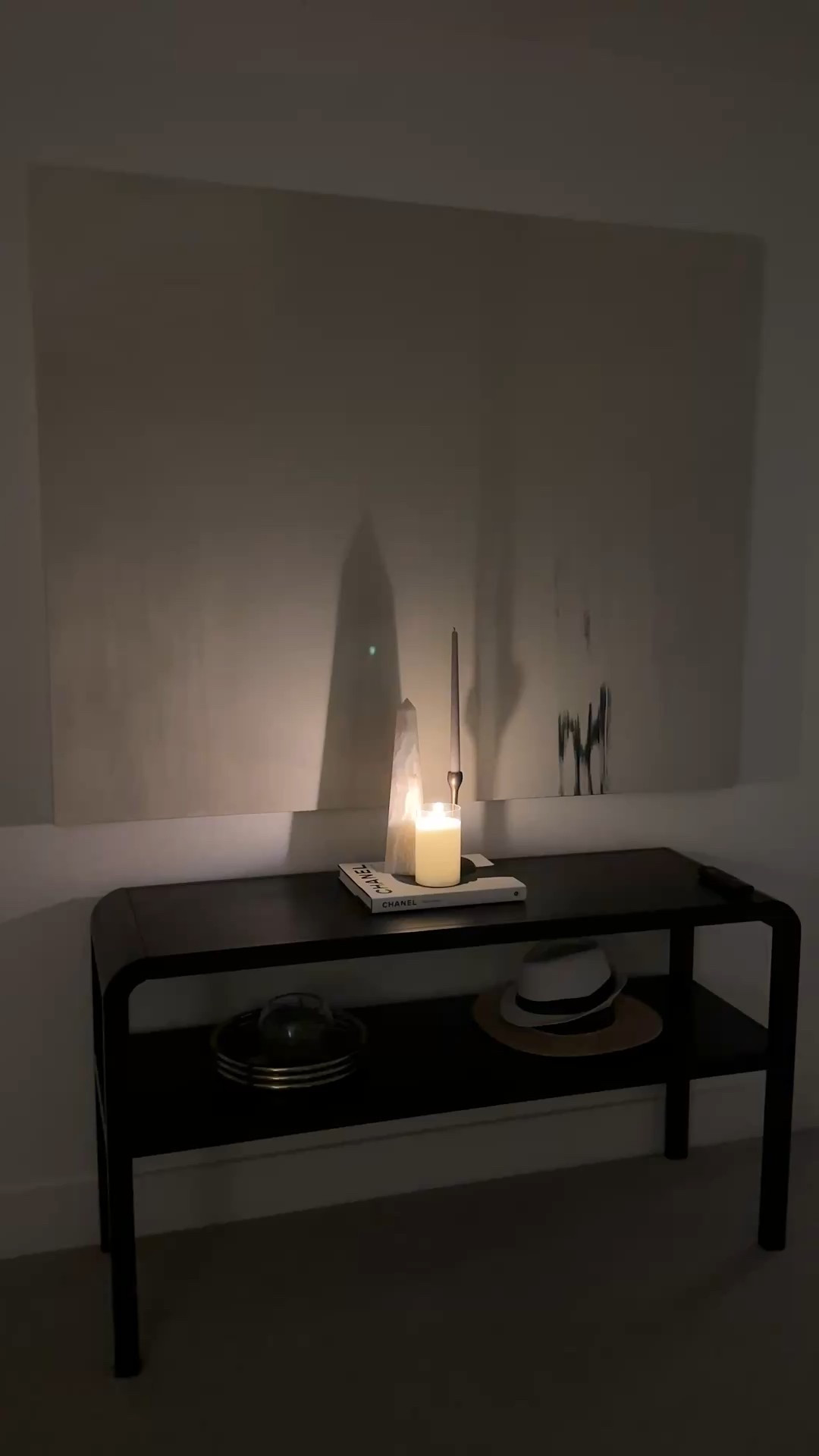 Wood 2 shelf black console table,  with arched corners, high quality flameless ivory candle

#LTKFindsUnder100 #LTKHome #LTKHoliday