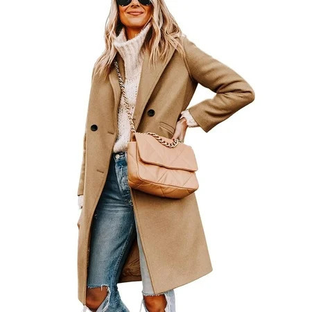 Women s Winter Wool Coat Casual Notch Lapel Single-Breasted Peacoat | Walmart (US)