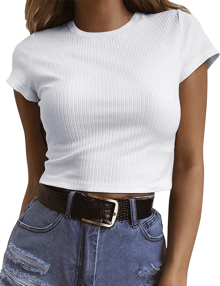 Artfish Women's Short Sleeve Knit Ribbed Crop Top Teen Basic Tee Shirts | Amazon (US)