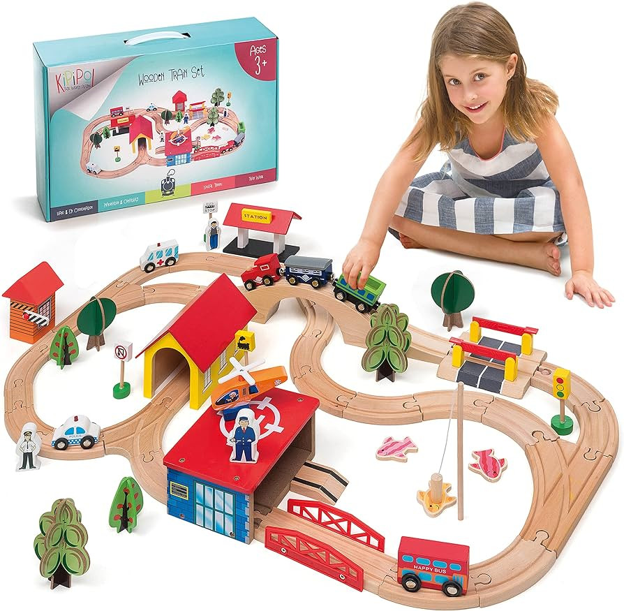 KipiPol Wooden Train Set - 69 Pieces Wooden Train Tracks & Trains for Kids, Toddler Boys and Girl... | Amazon (CA)