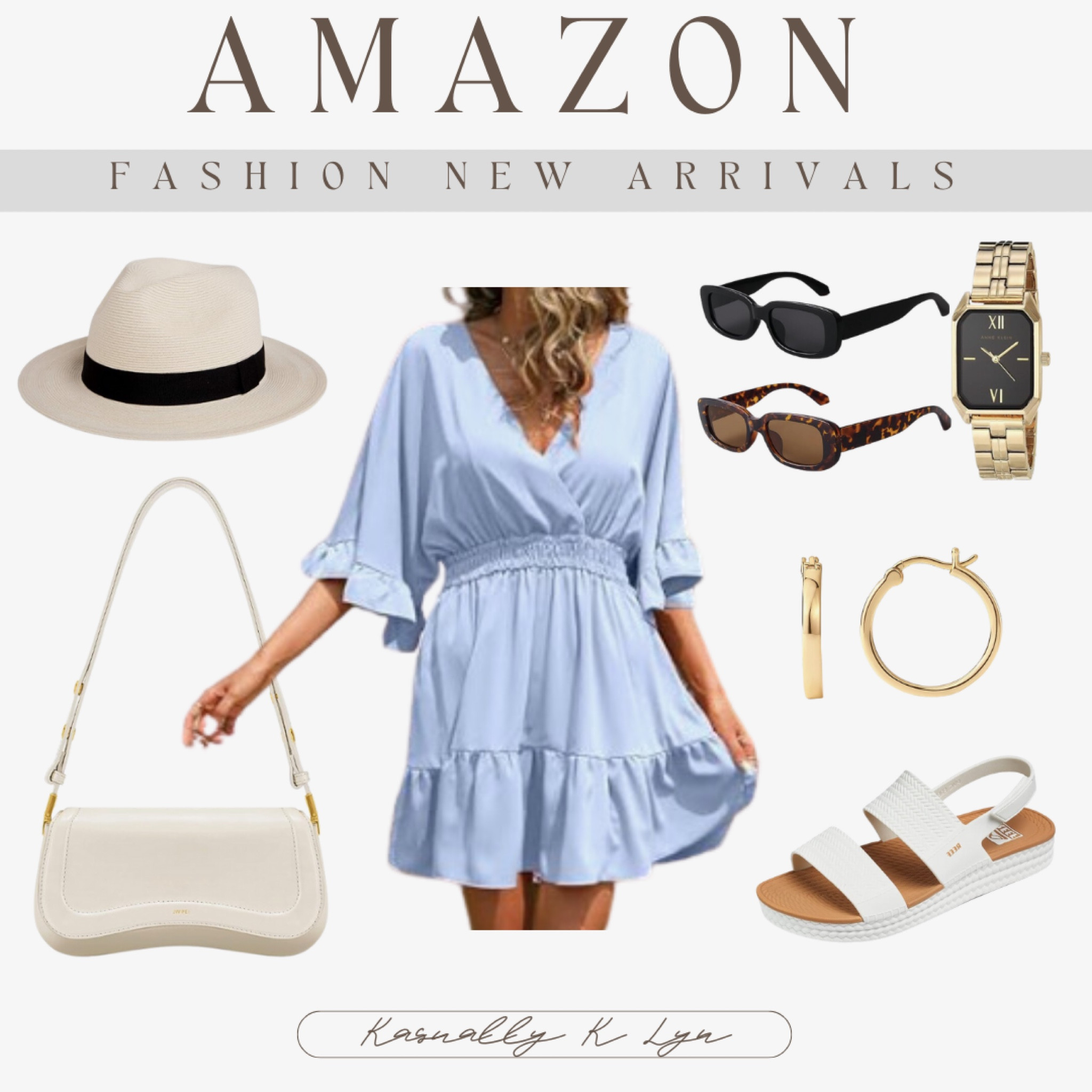 Amazon Fashion New Arrivals!! 14k gold platted sterling gold lightweight hoop earrings. women’s v neck casual loose tufted mini short blue summer dress. women’s wide brim straw beach summer sun hat. women’s white ivory shoulder bag. women’s beach white sandles for summer and water. 90’s vintage narrow rectangle sunglasses for women. women’s classic dainty gold watch bracelet. 

#LTKBeauty #LTKFindsUnder50 #LTKStyleTip
