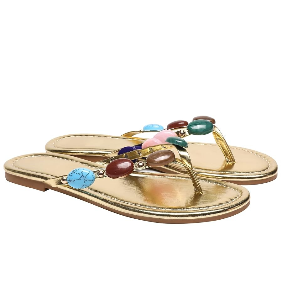 Women Jewelled Thong Strap Open Round Toe Flip Flops Comfy Slip on Flats Sandals Casual Summer Be... | Amazon (US)