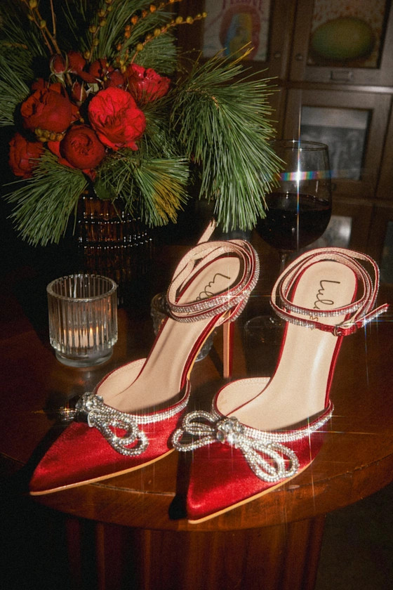 Lullie Red Satin Rhinestone Ankle Strap Pointed-Toe Pumps | Lulus