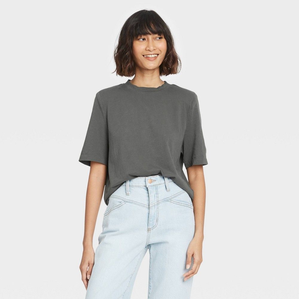 Women's Short Sleeve Round Neck Padded Shoulder T-Shirt - Universal Thread Dark Gray S | Target