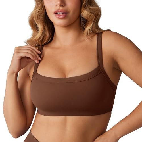 UNISSU Hugcurve Adjustable Sports Bra Square Neck Wireless Padded Yoga Workout Tops Mocha Cocoa Large | Amazon (US)
