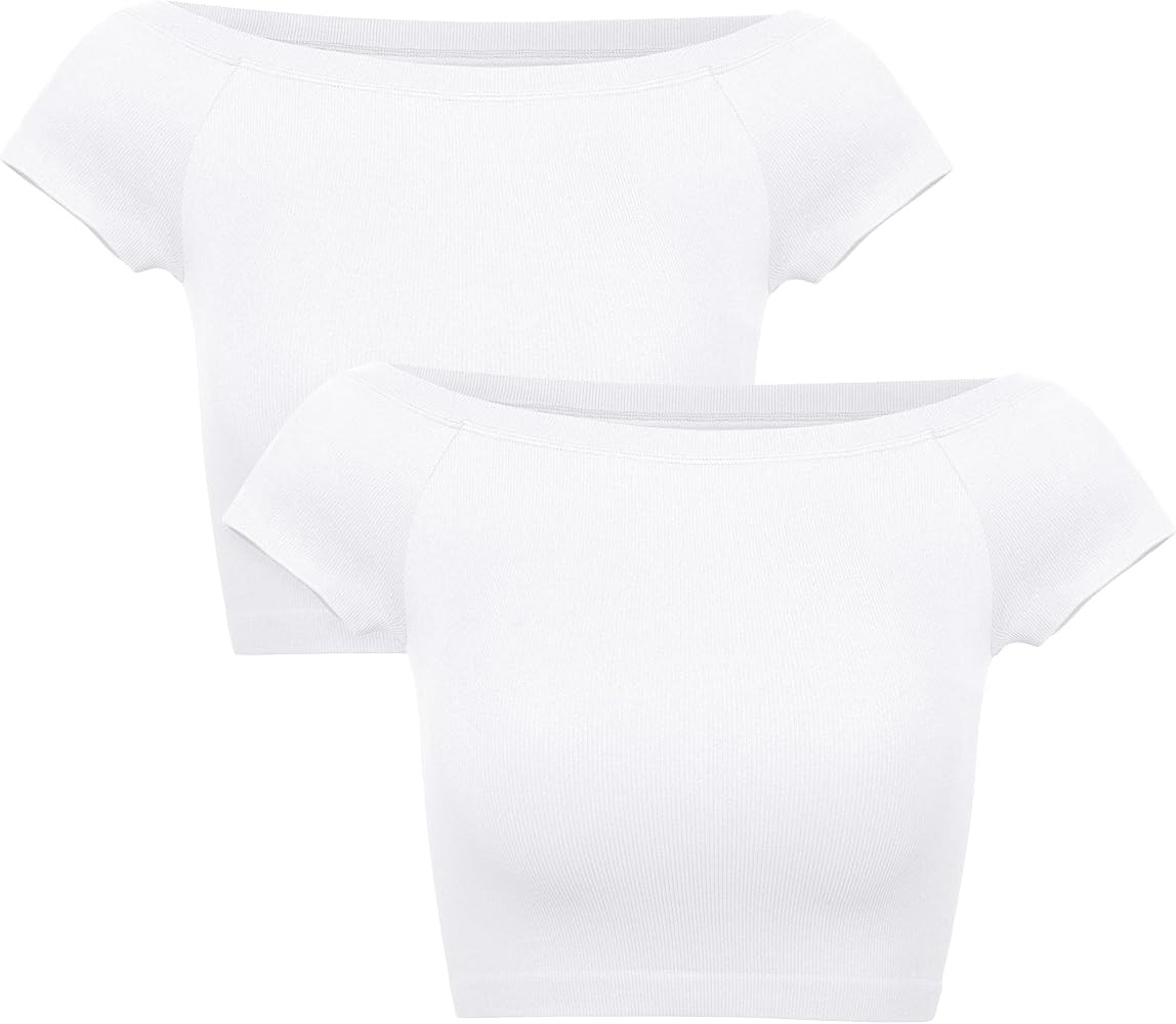 ODODOS 2-Pack Off Shoulder Crop Tops for Women Shorts Sleeve Seamless Cropped Top Ribbed T-Shirts | Amazon (US)